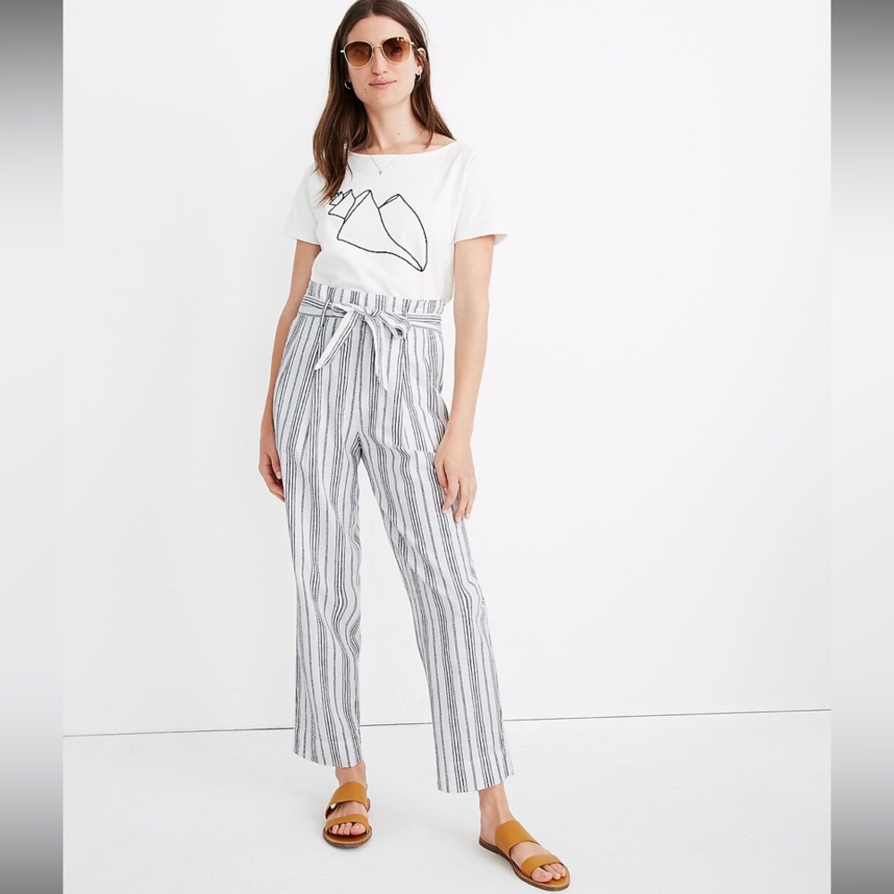 Madewell Linen-Cotton Paperbag Pants in Dark Baltic Stripe Size 8 NWT